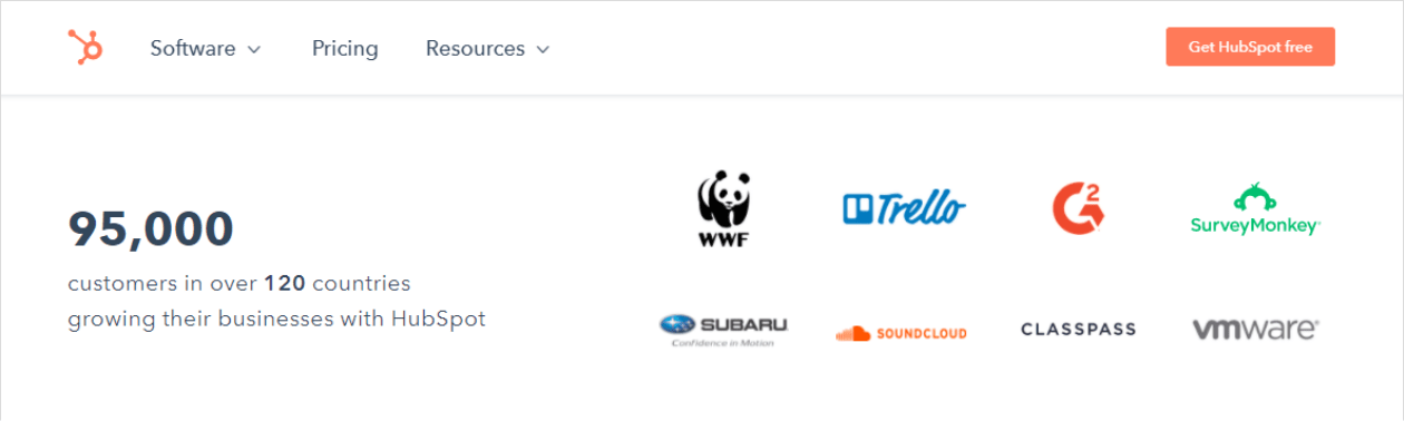 HubSpotでは顧客数とロゴを大きく掲載している